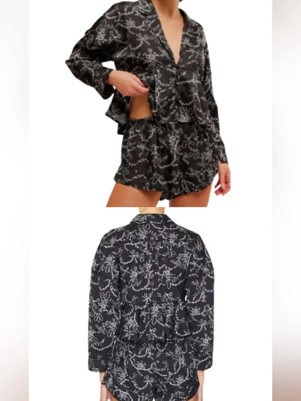 Free People Black & White Satin Floral-Print Pajama Set